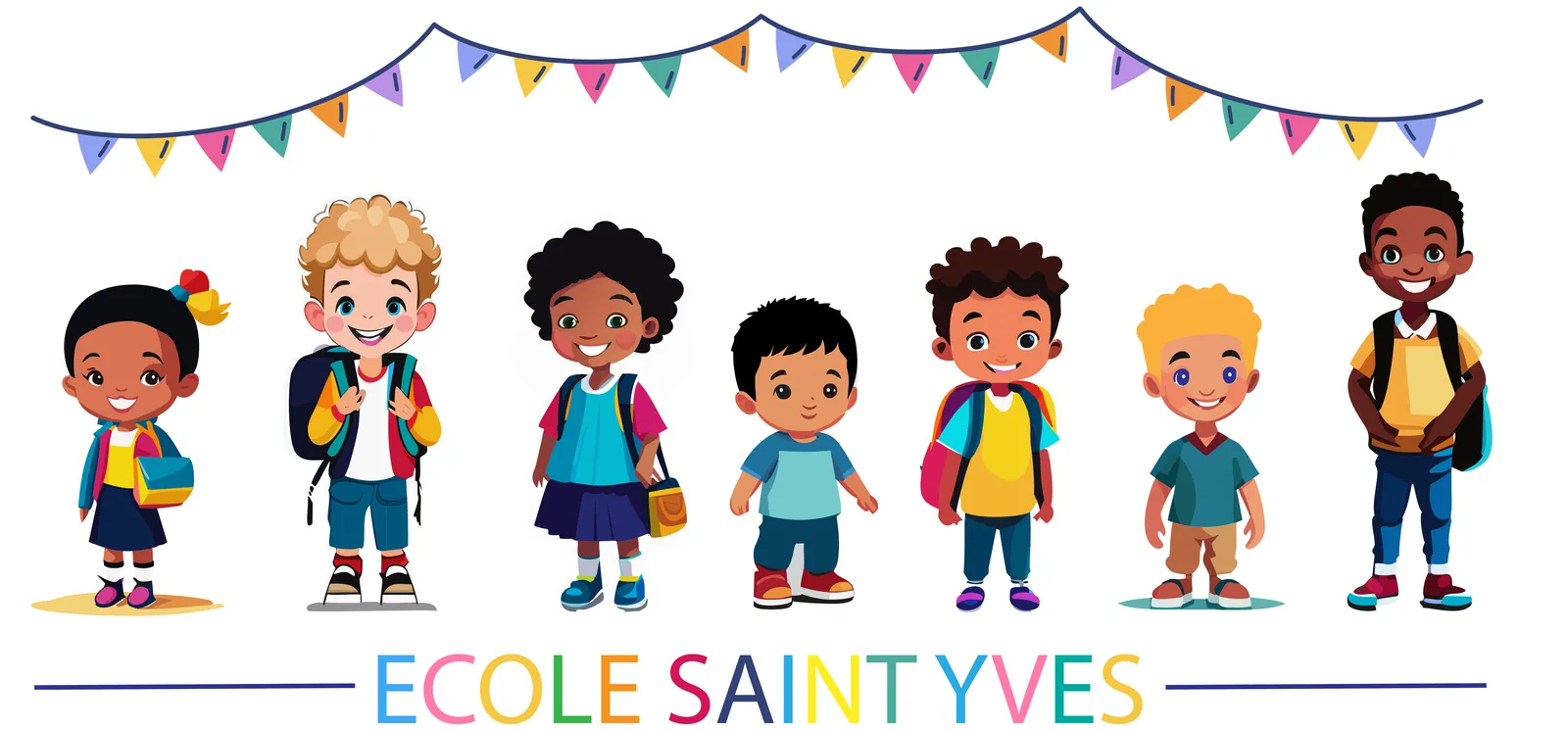 Sept enfants souriants avec leur cartable sous une guirlande de fanions, et le nom de l'école Saint-Yves