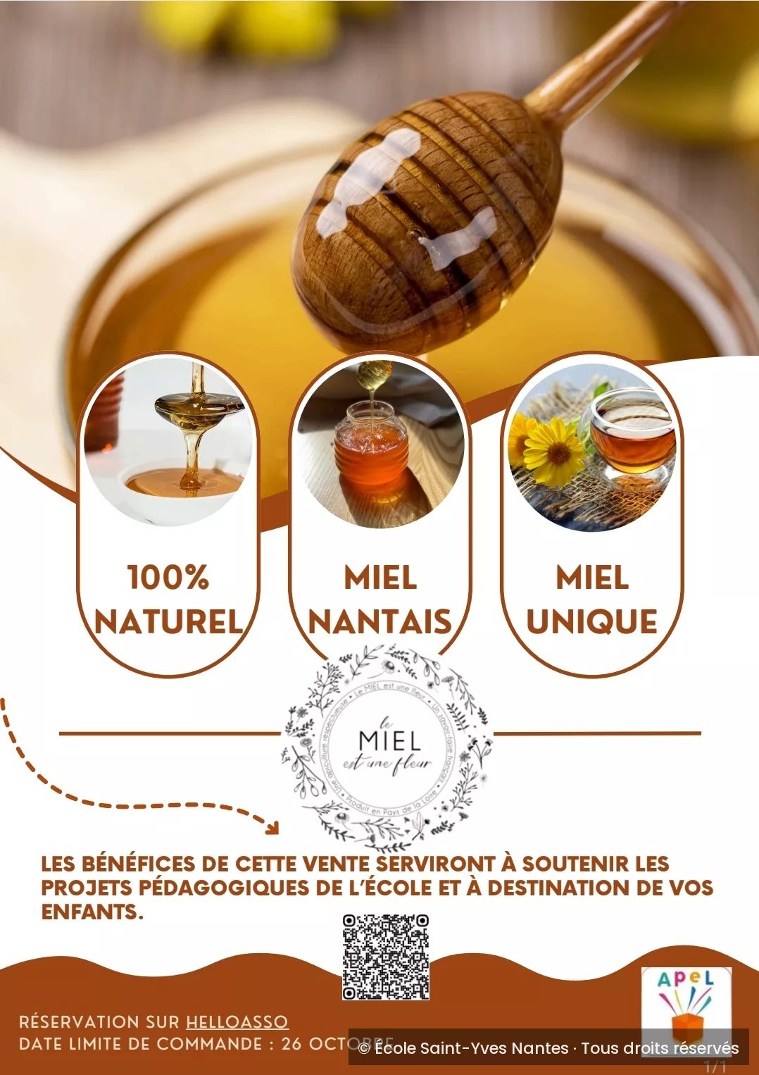 Affiche de la vente de miel de l'APEL : miel nantais, 100 % naturel, commandes sur HelloAsso jusqu'au 26 octobre